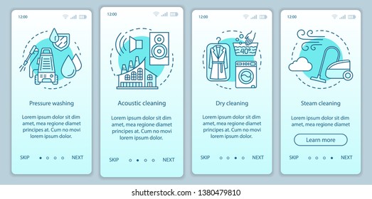 Métodos de limpieza incorporando la pantalla de la aplicación móvil, conceptos lineales. Cuatro instrucciones gráficas de pasos de recorrido. Lavado de presión. Limpieza seca y a vapor. UX, UI, plantilla vectorial GUI con ilustraciones