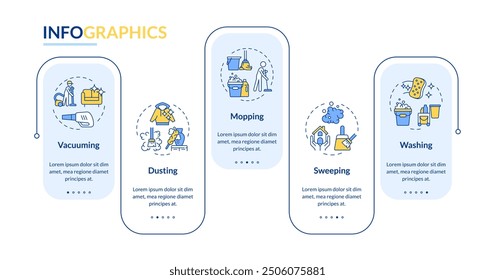 Cleaning methods rectangle infographic vector. Vacuuming mopping. Sweeping washing. Dusting service. Data visualization with 5 steps. Editable rectangular options chart