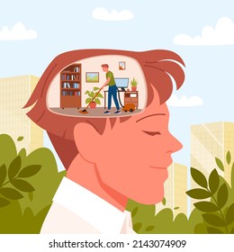 Cleaning mind and stop overthinking. Mental problems treatment, psychotherapy session, stop worrying with mental relaxing meditation, relief brain pressure cartoon vector illustration