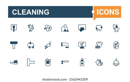 Cleaning minimal icon set. It contains symbols to hand, soap, sweep, household, housework, web, dish and more. Outline icon. Solid line editable stroke. Vector line and solid icons.