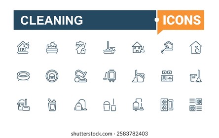 Cleaning minimal icon set. Featuring sanitary, cleaning, laundry, vacuum, mop, house, housework and more. Sign and Symbol. Vector outline icons collection.
