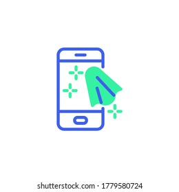 Cleaning mobile phone icon vector, filled flat sign, cell phone clean bicolor pictogram, green and blue colors. Symbol, logo illustration