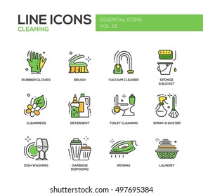 Cleaning - modern vector line design icons and pictograms set. Rubber gloves, vacuum cleaner, brush, cleanness, detergent, toilet, spray, duster, dish washing, garbage disposing ironing laundry