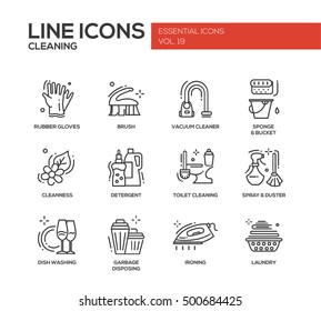 Cleaning - modern vector line design icons and pictograms set. Rubber gloves, vacuum cleaner, brush, cleanness, detergent, toilet, spray, duster, dish washing, garbage disposing ironing laundry