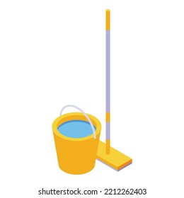 Cleaning Mop Bucket Icon Isometric Vector. Broom Housework. Tidy Pail