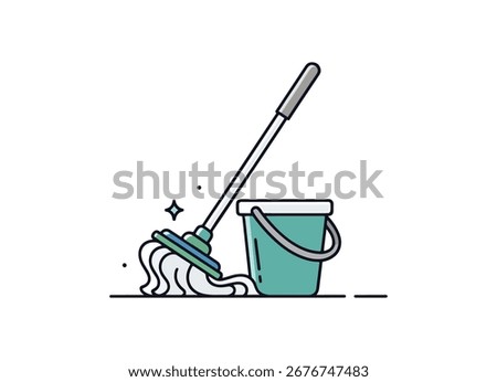 A cleaning mop and bucket set, with subtle sparkles indicating cleanliness. Perfect for representing hygiene, chores, and a spotless home environment.