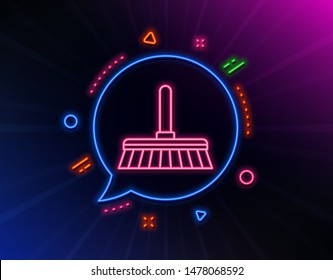 Cleaning mop line icon. Neon laser lights. Sweep or Wash a floor symbol. Washing Housekeeping equipment sign. Glow laser speech bubble. Neon lights chat bubble. Vector