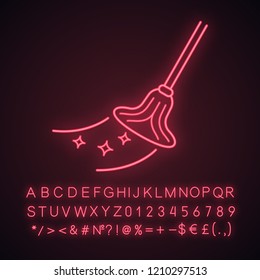 Cleaning mop neon light icon. Mopping floor. Glowing sign with alphabet, numbers and symbols. Vector isolated illustration