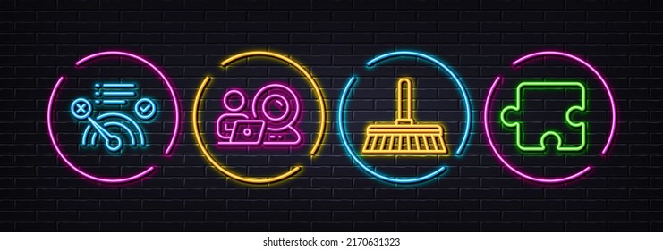 Cleaning Mop, No Internet And Video Conference Minimal Line Icons. Neon Laser 3d Lights. Puzzle Icons. For Web, Application, Printing. Sweep A Floor, Bandwidth Meter, Online Training. Vector