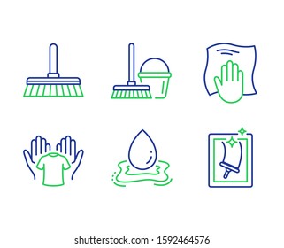 Cleaning mop, Water splash and Washing cloth line icons set. Hold t-shirt, Bucket with mop and Window cleaning signs. Sweep a floor, Aqua drop, Wipe with a rag. Laundry shirt. Cleaning set. Vector