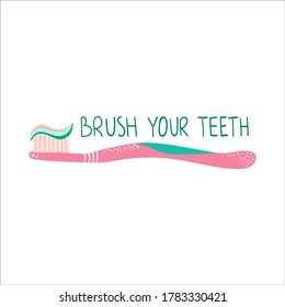 Cleaning mouth tools doodle. Toothbrush with toothpaste, hand drawn morning hygiene, oral care concept. Vector cartoon isolated set with lettering brush your teeth