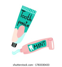 Cleaning mouth tools doodle. Toothpaste, hand drawn morning hygiene oral care concept. Vector cartoon isolated poster