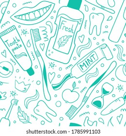 Cleaning mouth tools line seamless pattern. Toothbrush, toothpaste and dental floss, hand drawn morning hygiene oral care, creative design textile, wrapping paper, wallpaper vector texture