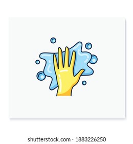 Cleaning napkin color icon. Wiping with cloth. Housekeeper hand in yellow glove with rag. Wet cleaning. Housekeeping and surface disinfection concept. Isolated vector illustration 