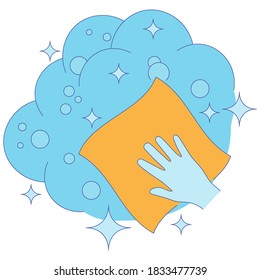 Cleaning napkin in the hand. Cleaning and disinfection of premises. Disinfection of all surfaces. Wiping surface. Sanitizing of objects. Vector illustration