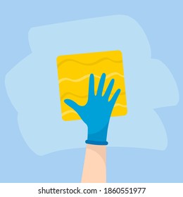 Cleaning napkin in the hand in a latex glove. Wipe and disinfect the surface with yellow microfiber cloth. Vector illustration. Flat design