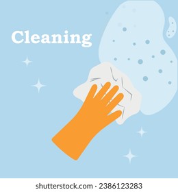 Cleaning napkin in the hands of a man. Cleaning the window. Wipe with a rag, microfiber, yellow gloves. Room cleaning. Vector illustration flat design. Disinfection concept