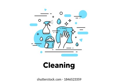 Cleaning napkin line icon. Wipe and disinfection by cleaning cloth and spray. Clean service illustration. Antibacterial napkin, bucket with sponge, disinfectant spray icon. Editable stroke. Vector