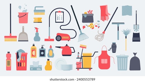 Cleaning objects and washing equipment for household hygiene collection set. Isolated elements with sponge, chemical detergents, soap or washing solutions for professional cleanup vector illustration