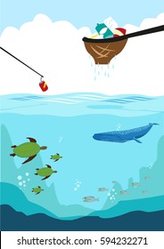 Cleaning Up The Ocean By Collecting Different Forms Of Trash Like Plastic. Editable Clip Art.