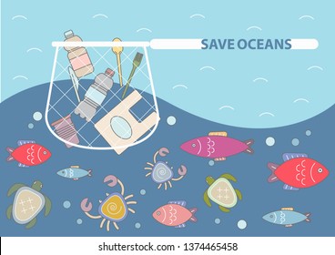 Cleaning Up The Ocean By Collecting  Plastic. Keep The Sea, Plastic Free Concept Vector Illustration.