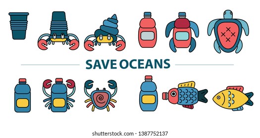 Cleaning up the ocean concept. Effects of ocean pollution vector illustration. Plastic free, keep the sea vector illustration.