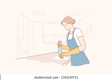 Cleaning in office concept. Young happy smiling woman maid housekeeper or girl janitor cartoon character cleans business room or hotel apartment with spray. Professional cleanup service illustration.