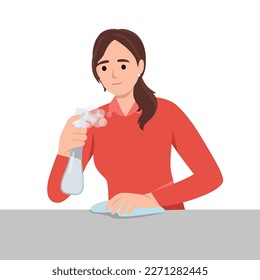 Cleaning in office concept. Young happy smiling woman maid housekeeper or girl janitor cartoon character cleans business room or hotel apartment with spray. Professional cleanup service illustration.