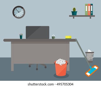 Cleaning in the office on a blue background. Vector illustration. Table, clock, chair, orange bucket, MOP and sponge. Ideal for advertising, design sites and magazines