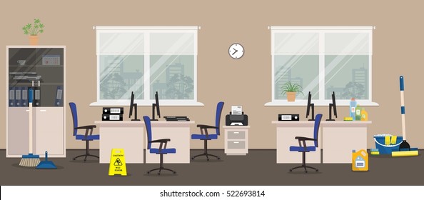 Cleaning in the office room. There is a "Caution! Wet floor" sign, a mop, a broom, a scoop near the furniture in white color in the picture. Vector illustration