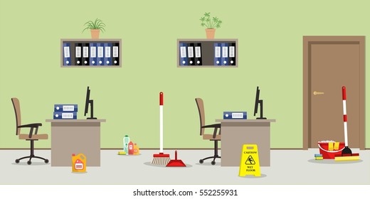 Cleaning in the office room. There is a "Caution! Wet floor" sign, a mop, a broom, a scoop and other objects in the picture. Vector flat illustration.