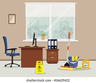 Cleaning in the office. Vector illustration. There is a "Caution! Wet floor" sign, a mop, a bucket near a workplace of office employee in the picture.