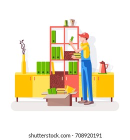 Cleaning of office. Worker is cleaning in the closet. Worker puts the books on the shelves of the cabinet on the background of the interior. Vector illustration in a flat style.