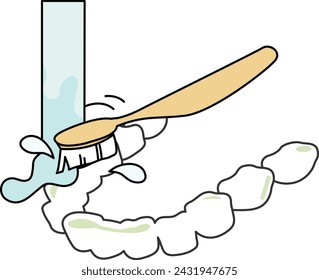 Cleaning Orthodontic retainer with toothbrush and water, oral care- flat illustration