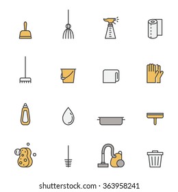 Cleaning outline gray and yellow vector icons set. Modern minimalistic design. 