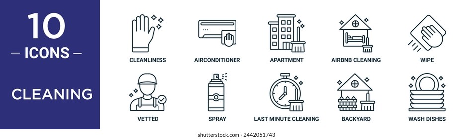 cleaning outline icon set includes thin line cleanliness, airconditioner, apartment, airbnb cleaning, wipe, vetted, spray icons for report, presentation, diagram, web design svg