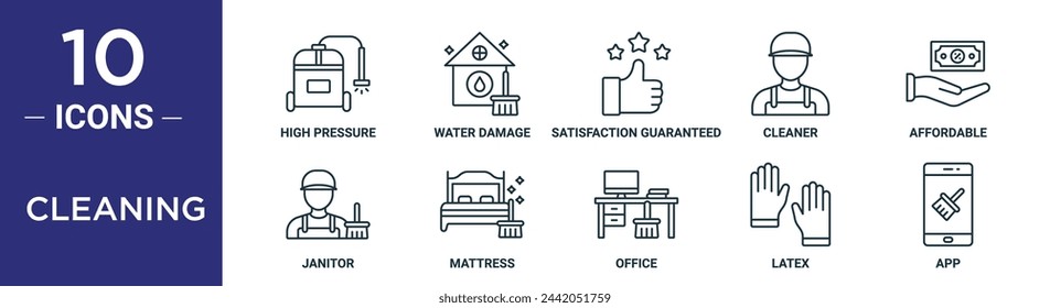 Reinigungs-Umriss-Icon-Set umfasst dünne Linie Hochdruck, Wasserschaden, Zufriedenheit garantiert, sauberer, erschwinglich, Hausmeister, Matratzen-Icons für Bericht, Präsentation, Diagramm, Web-Design