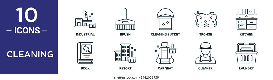 cleaning outline icon set includes thin line industrial, brush, cleaning bucket, sponge, kitchen, book, resort icons for report, presentation, diagram, web design