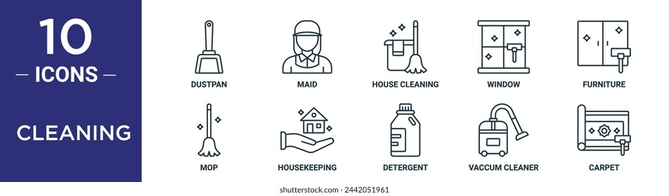 Reinigungskontur-Icon-Set umfasst dünne Linie Staubpfanne, Hausmädchen, Hausreinigung, Fenster, Möbel, Mopp, Housekeeping-Icons für Bericht, Präsentation, Diagramm, Web-Design