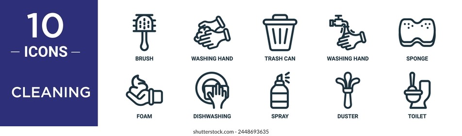 cleaning outline icon set includes thin line brush, washing hand, trash can, washing hand, sponge, foam, dishwashing icons for report, presentation, diagram, web design