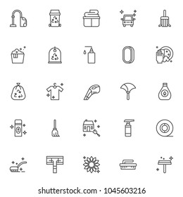 Cleaning outline icons set. linear style symbols collection, line signs pack vector graphics. Set includes icons as vacuum cleaner, recycle bin, clean clothes basket, clean car, cleaning mop, laundry 