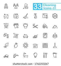 Cleaning outline icons. Set of cleaning outline icons, vector illustrations. Contains such as: window washing, household gloves, office cleaning, maid, washing up and more.