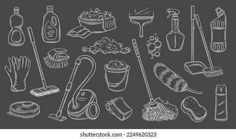 Cleaning outline icons set vector illustration. Line hand drawn equipment and tools collection to clean home, cleaning mop and sponge with soap bubbles, laundry detergent bottle, bucket and broom