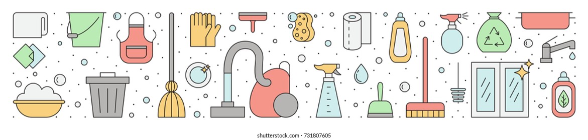 Cleaning outline vector horizontal multicolored illustration (header).