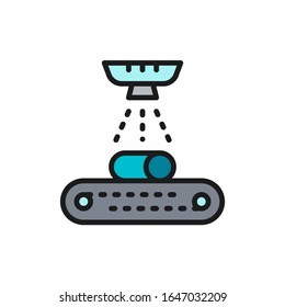 Cleaning and painting metals on conveyor belt, cooling flat color line icon.