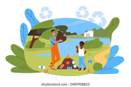 Cleaning in park. Teenagers collect garbage in plastic bags. Caring for ecology and environment. Eco activists and volunteers. Boys picking up garbage and trash. Cartoon vector illustration