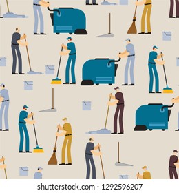 Cleaning pattern seamless. Janitor and Cleaner background. broom and Industrial Vacuum Cleaner. sweeping brush and Bucket. Service worker people. swabber