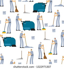 Cleaning pattern seamless. Janitor and Cleaner background. broom and Industrial Vacuum Cleaner. sweeping brush and Bucket. Service worker people. swabber