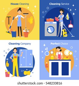 Cleaning people concept with housewife maid and company worker in flat style vector illustration