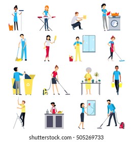 Cleaning people flat colored icons set with men and women house working cleaning washing isolated vector illustration